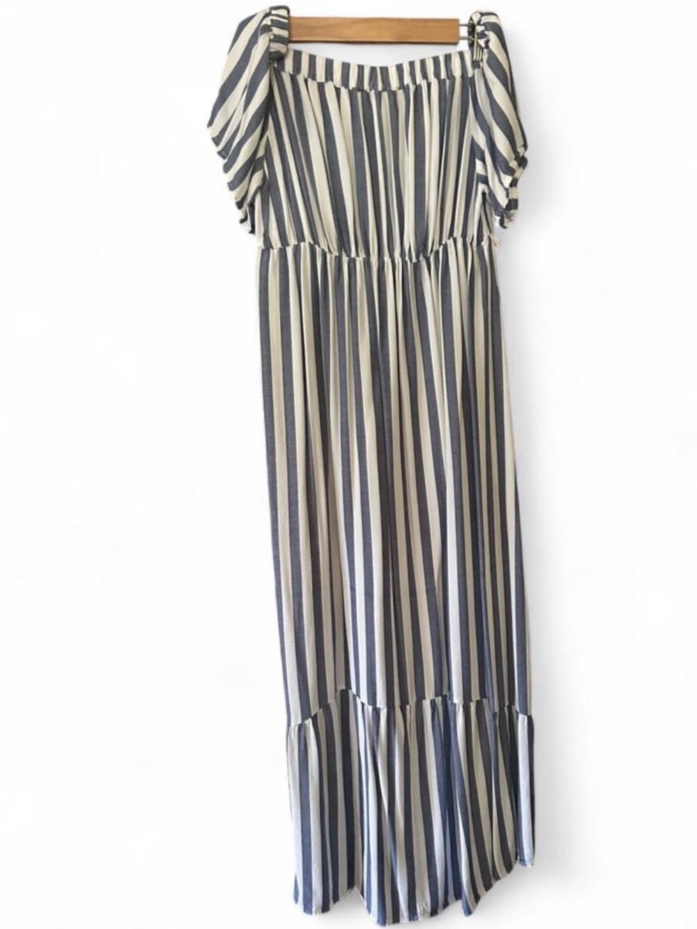 Striped Navy and White Kids' Dress - Off-Shoulder Maxi